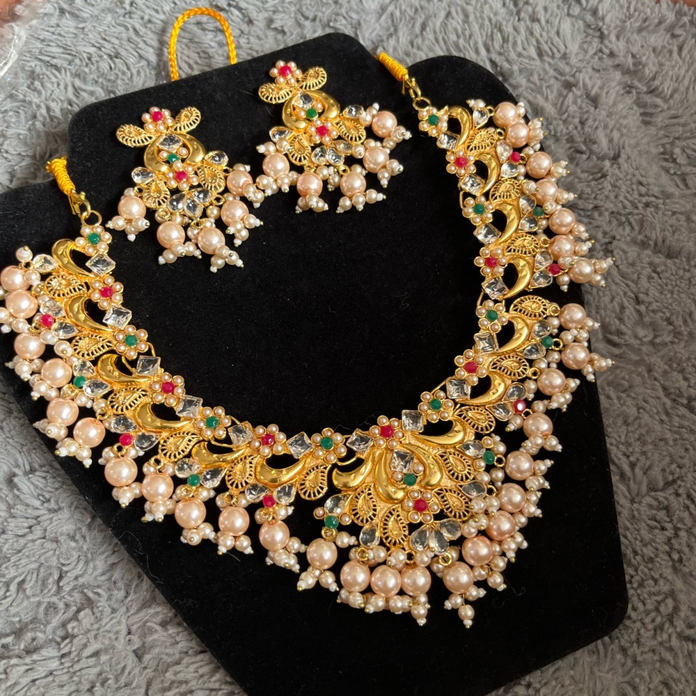Gold-Tone Pearl Necklace with Multicolor Stones and Matching Earrings